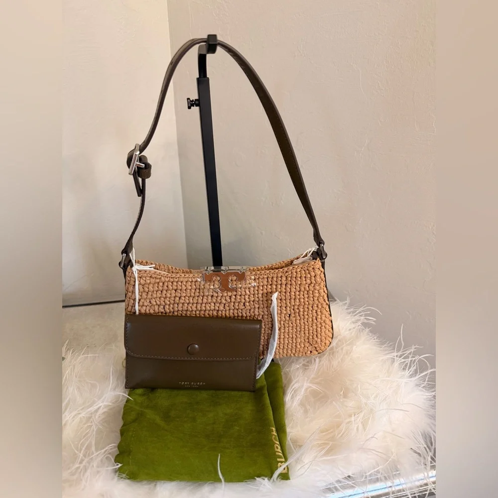 Tory Burch Tan Raffia Shoulder Bag with Dark Brown Strap and Silver Logo - Picture 2 of 6